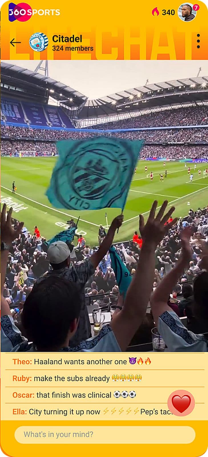 360Sports Engage — the Citadel live chat over a Manchester City match.